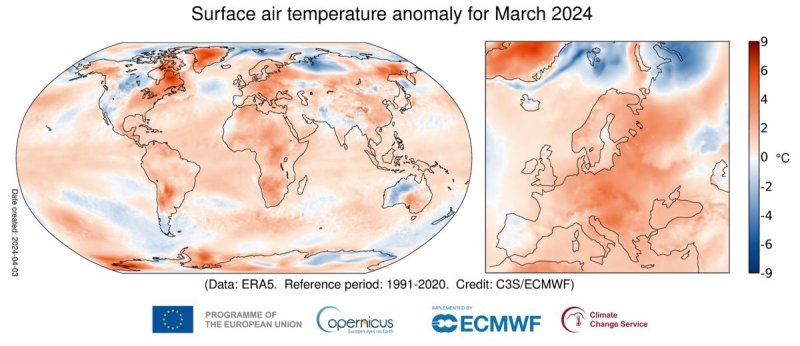 지구 표면 온도. ⓒ사진 코페르니쿠스 기후변화서비스 제공, 연합뉴스