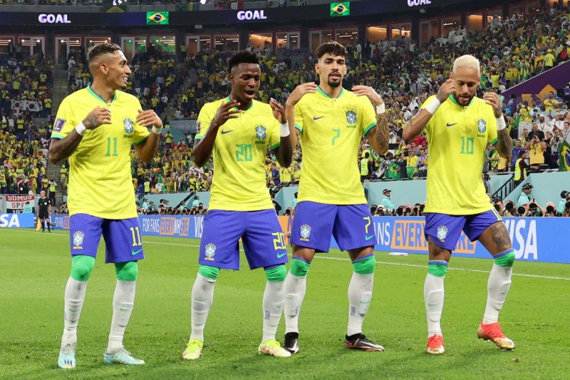 2022 카타르 월드컵 16강 대한민국과 브라질의 경기에서 '비니시우스 주니어'의 선제골 이후 브라질 대표팀의 세레머니 모습 ⓒ뉴스1. 2022년 12월