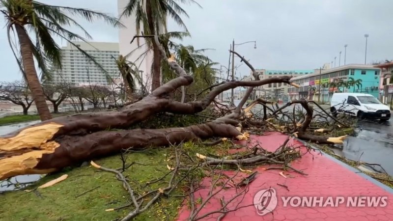 2023년 5월 4등급 '슈퍼 태풍' 마와르가 태평양의 미국령 괌을 휩쓸었다. 이번 태풍으로 괌에는 단전·단수가 이어져 현지인과 관광객들이 큰 어려움을 겪었다. 2023.05.26 ⓒ사진 투몬 만[미국] AFP=연합뉴스