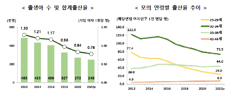 '저출산과 우리 사회의 변화' 보도자료 내 '출생아 수 및 합계출산율'와 '모의 연령별 출산율 추이' 그래프 ⓒ그래픽 통계청 제공